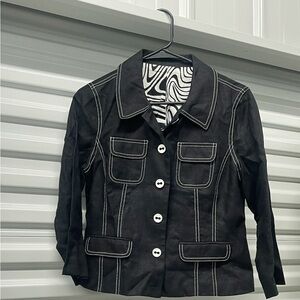 “Vintage Black Contrast Stitch Blazer 4 Pocket Utility Style, White Buttons,